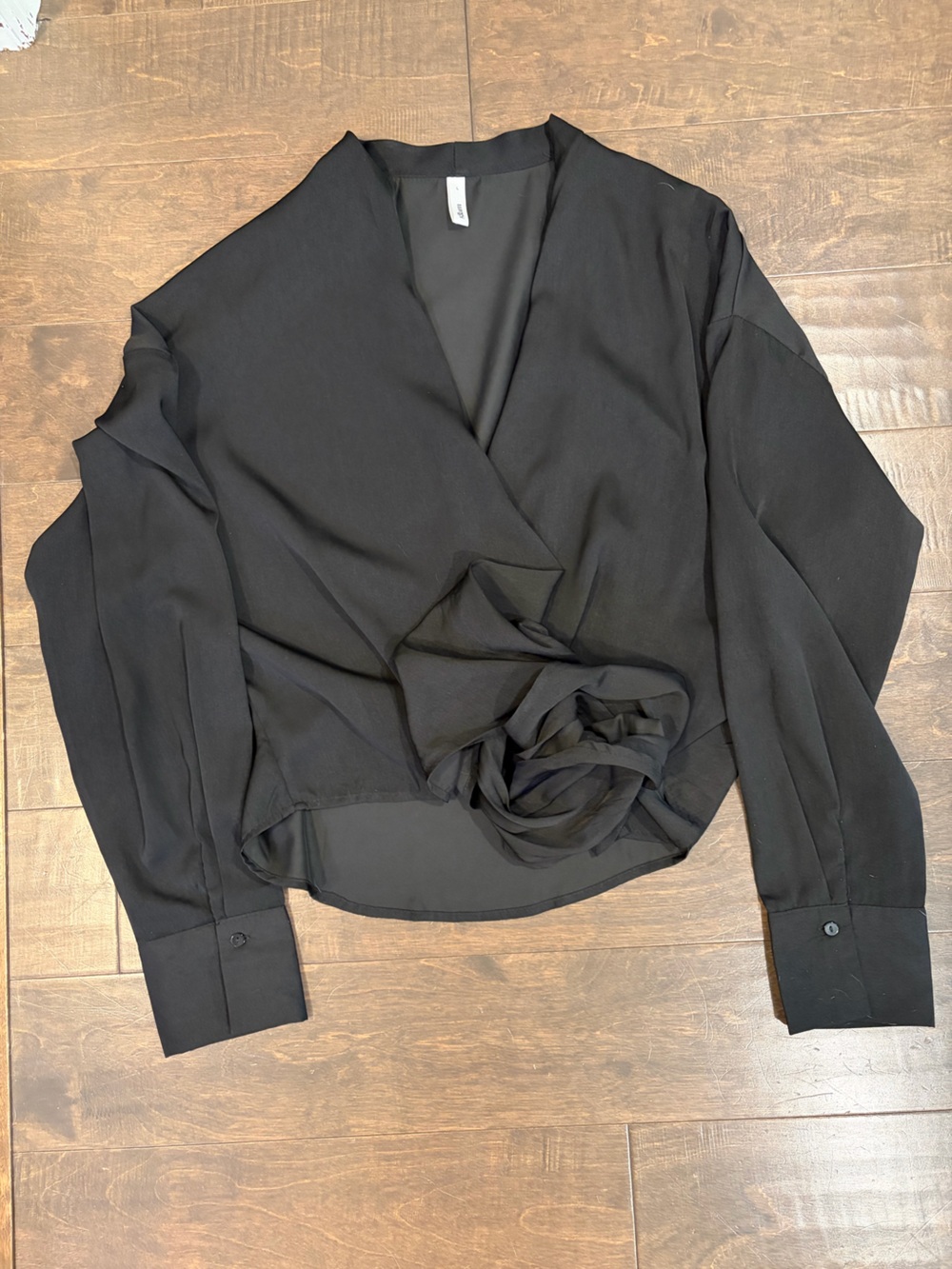 glam Black Sheer Long-Sleeve Blouse with wrap tie